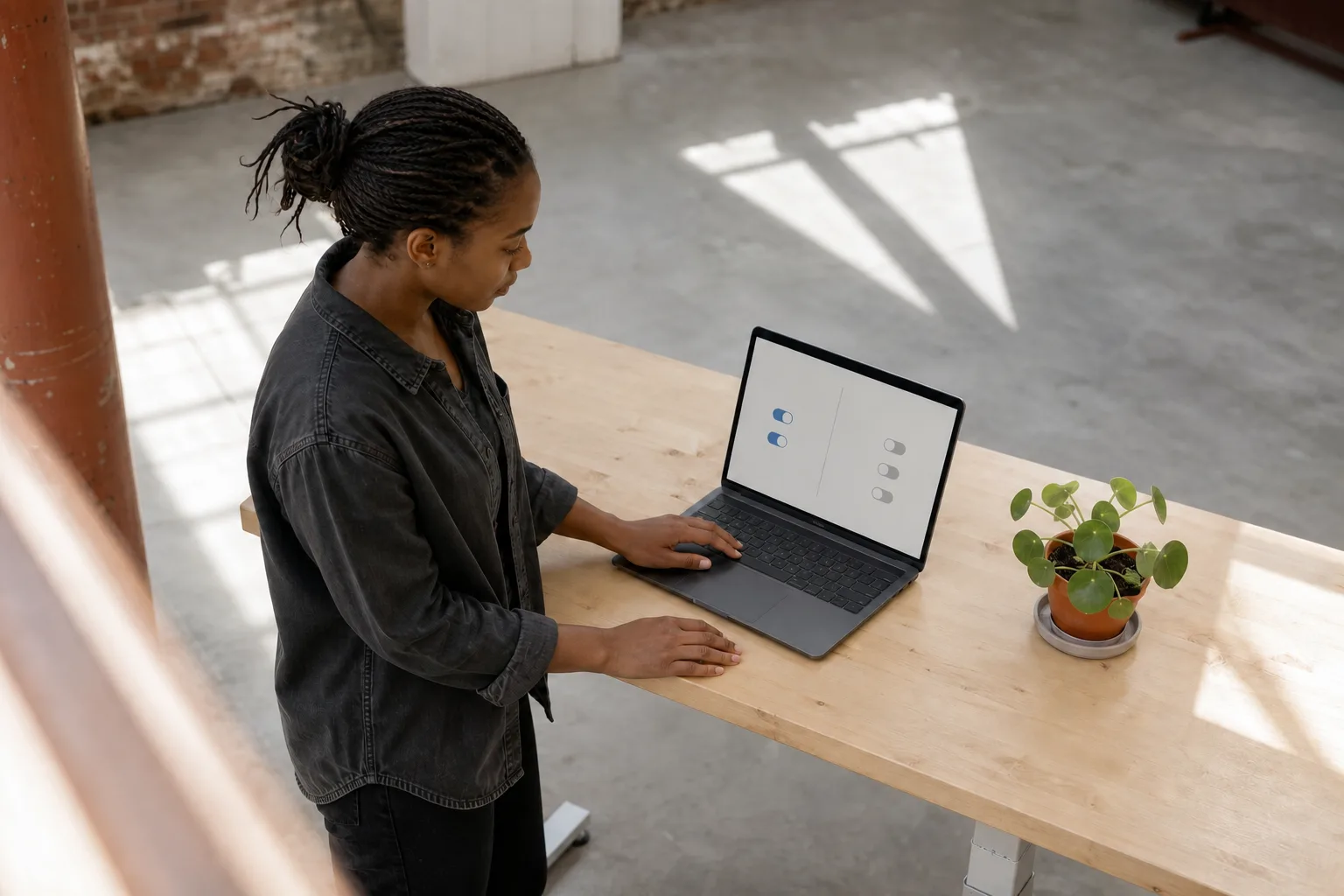 Webentwicklerin prüft eine klare datensparsame Cookie-Einstellung am Laptop