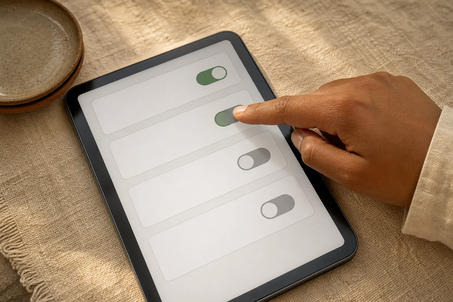 Finger bestätigt eine übersichtliche Datenschutzeinstellung auf einem mobilen Gerät